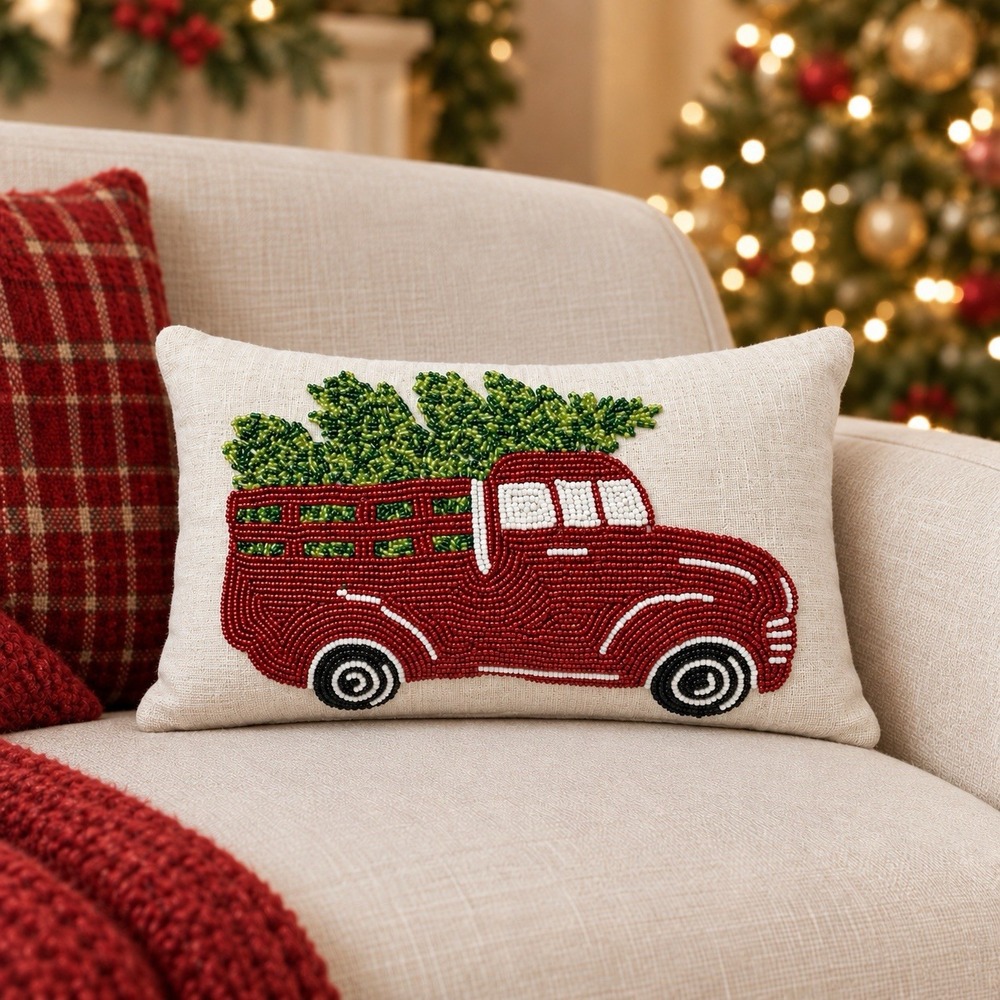 Devi Designs Hand Beaded Red Truck Christmas Lumbar Pillow Farmhouse 14.5 x 8.5